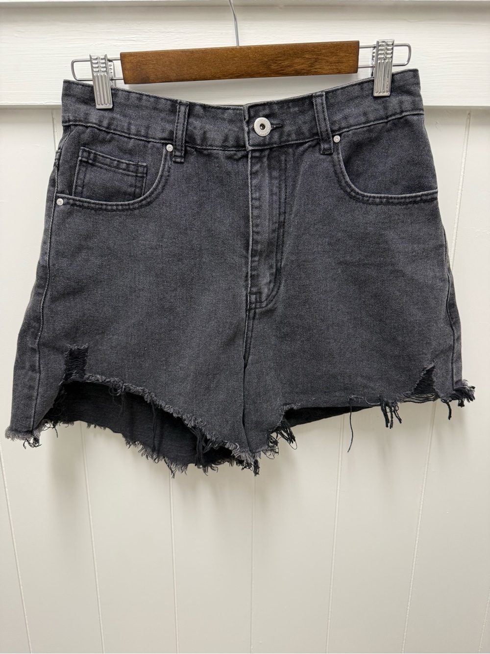 Cotton On High Rise Ripped Denim Shorts Size 6 Black Distressed Cutoff
